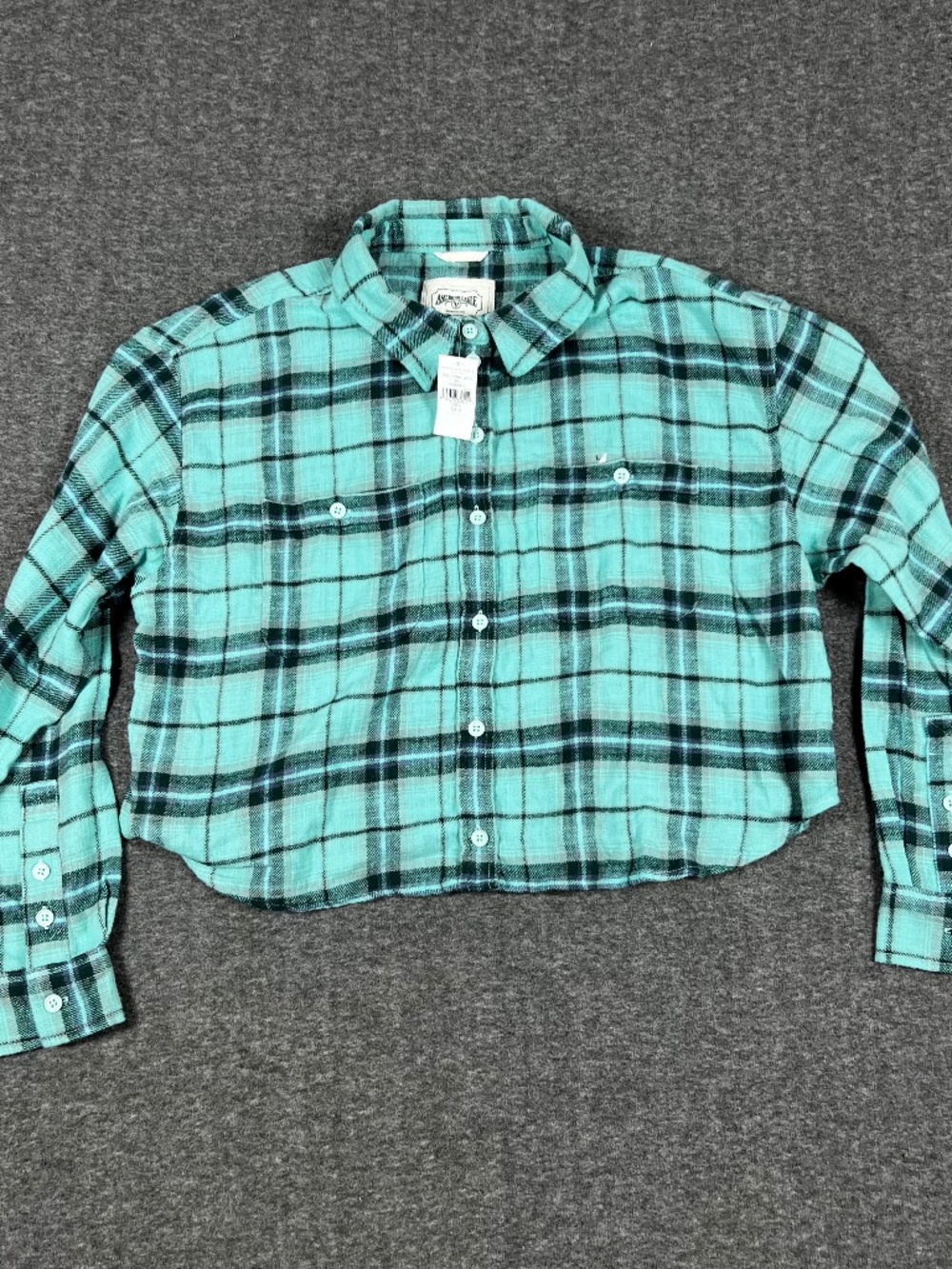 NWT American Eagle Crop Top Flannel Button Up Shirt Women's Large Tartan Plaid